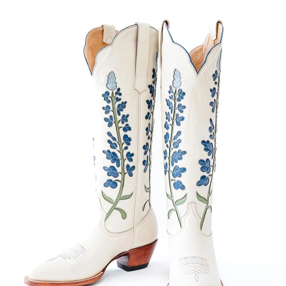 White Block Heel Bluebonnet Floral Embroidered Knee Cowgirl Boots